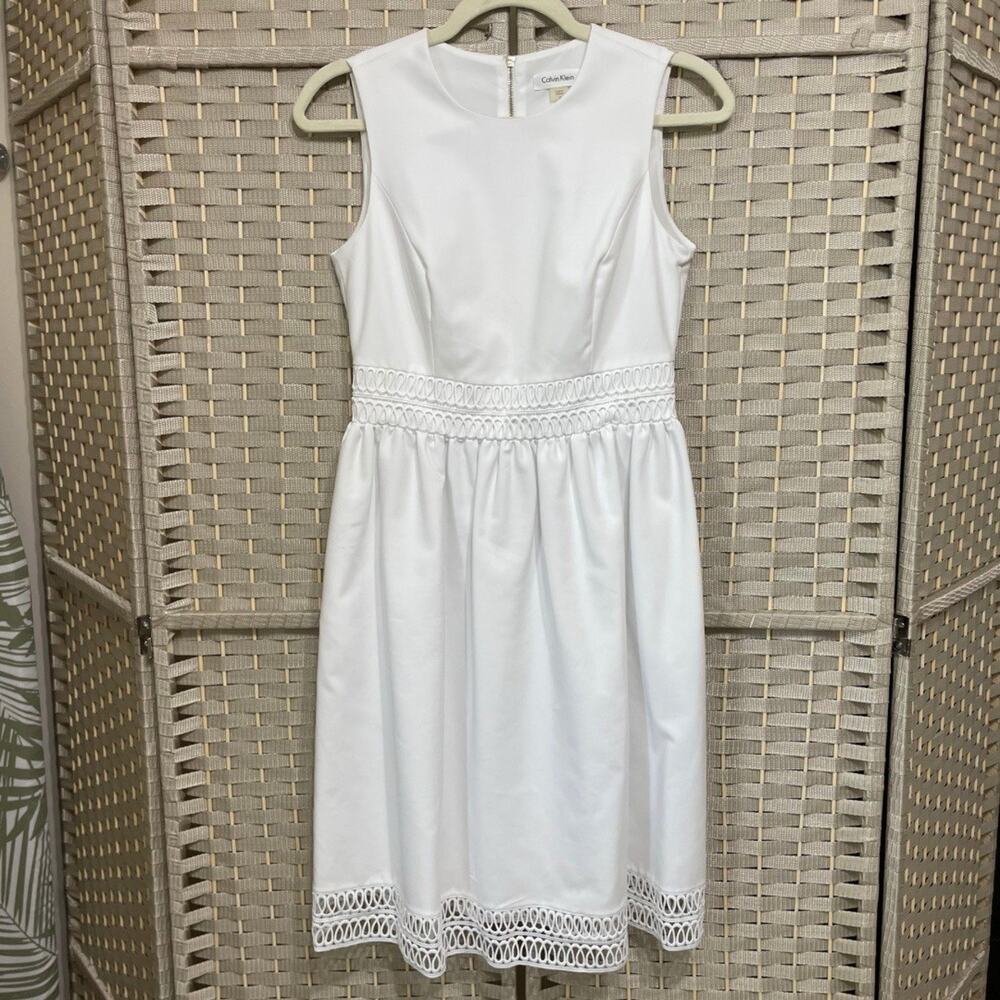 Calvin Klein Sleeveless Fit and Flare Dress Size 2 White Lace Trim Pockets NEW